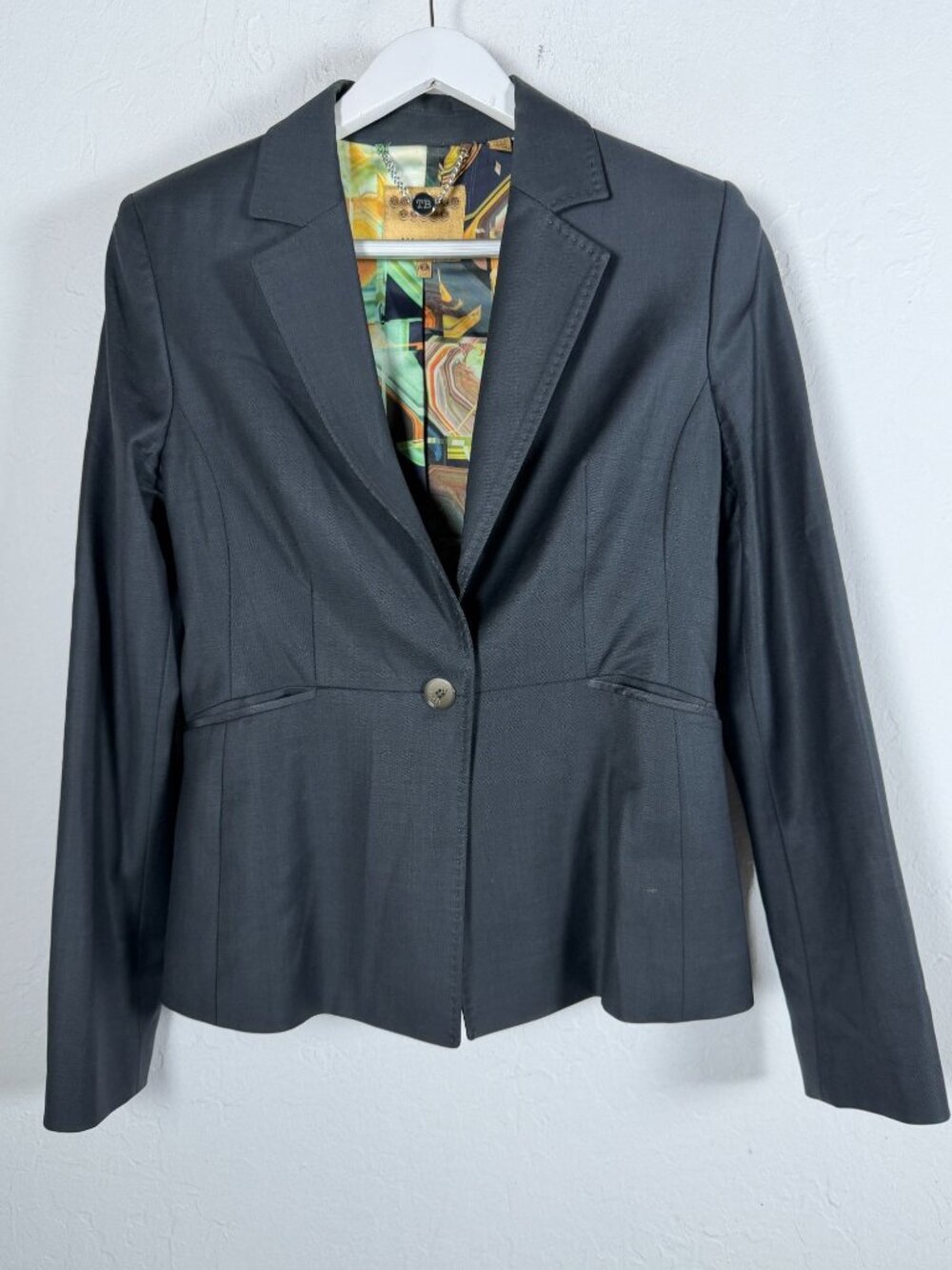 Ted Baker London Womens Blazer Size 3 Virgin Wool Blend Black One Button Jacket